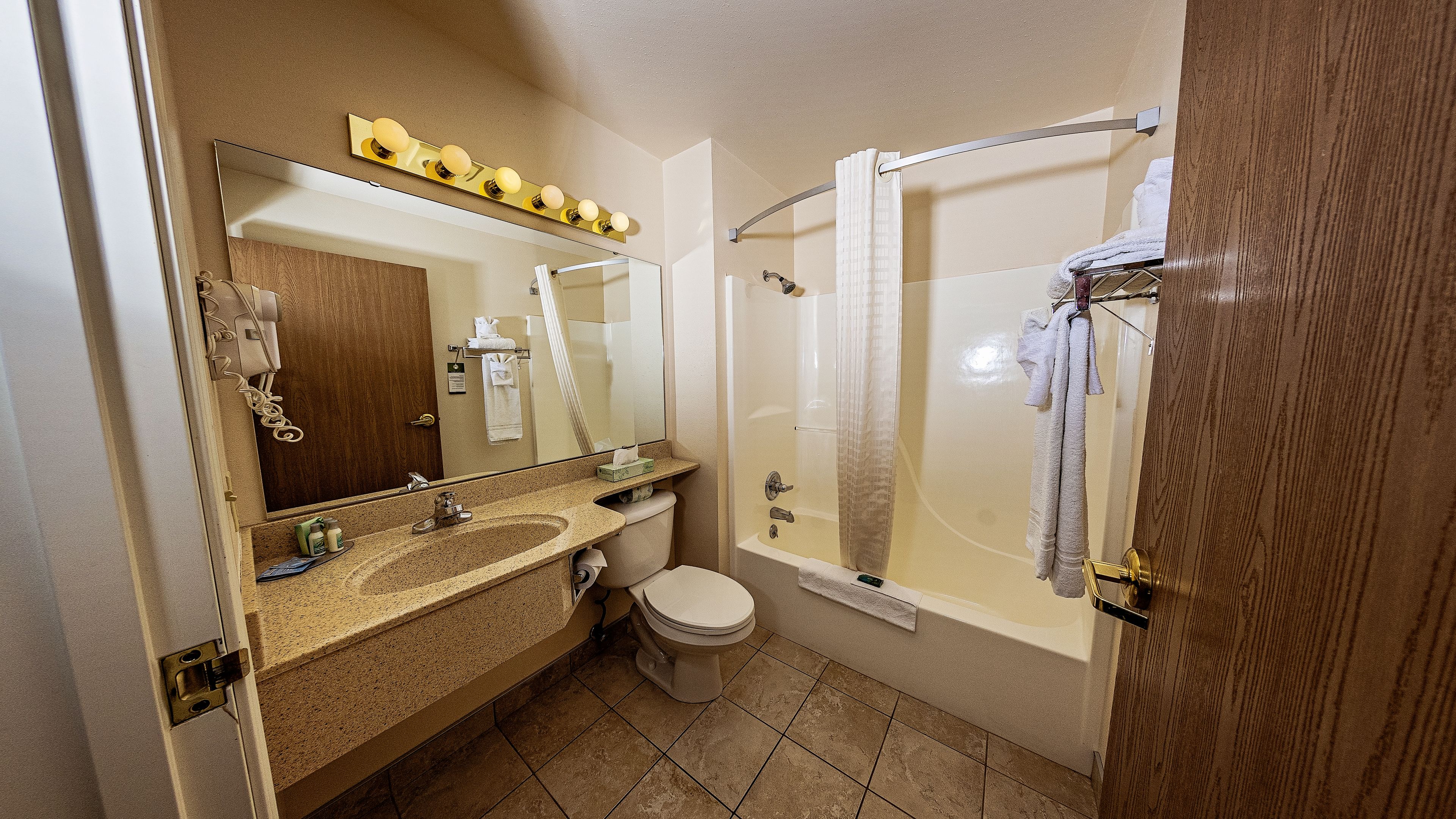 combined shower/bathtub, free toiletries, towels