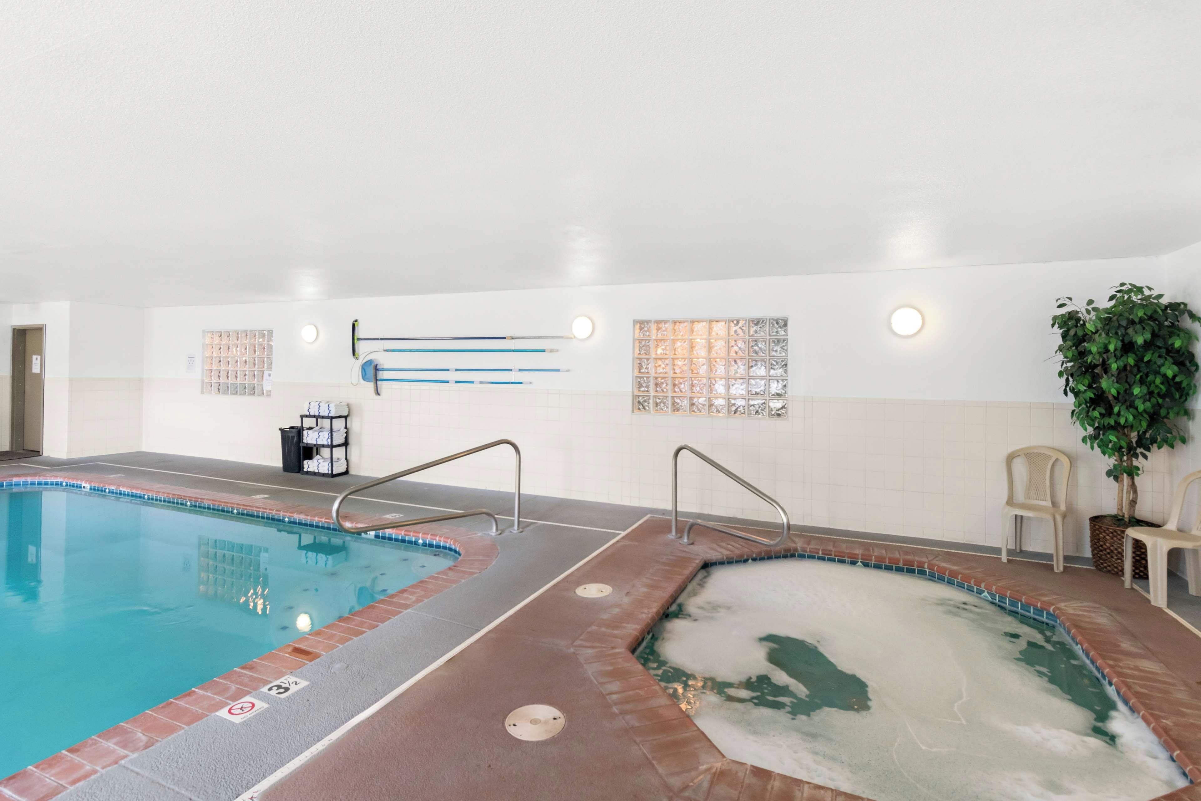 An indoor swimming pool with two separate sections, a tiled wall with a window, and a potted plant.