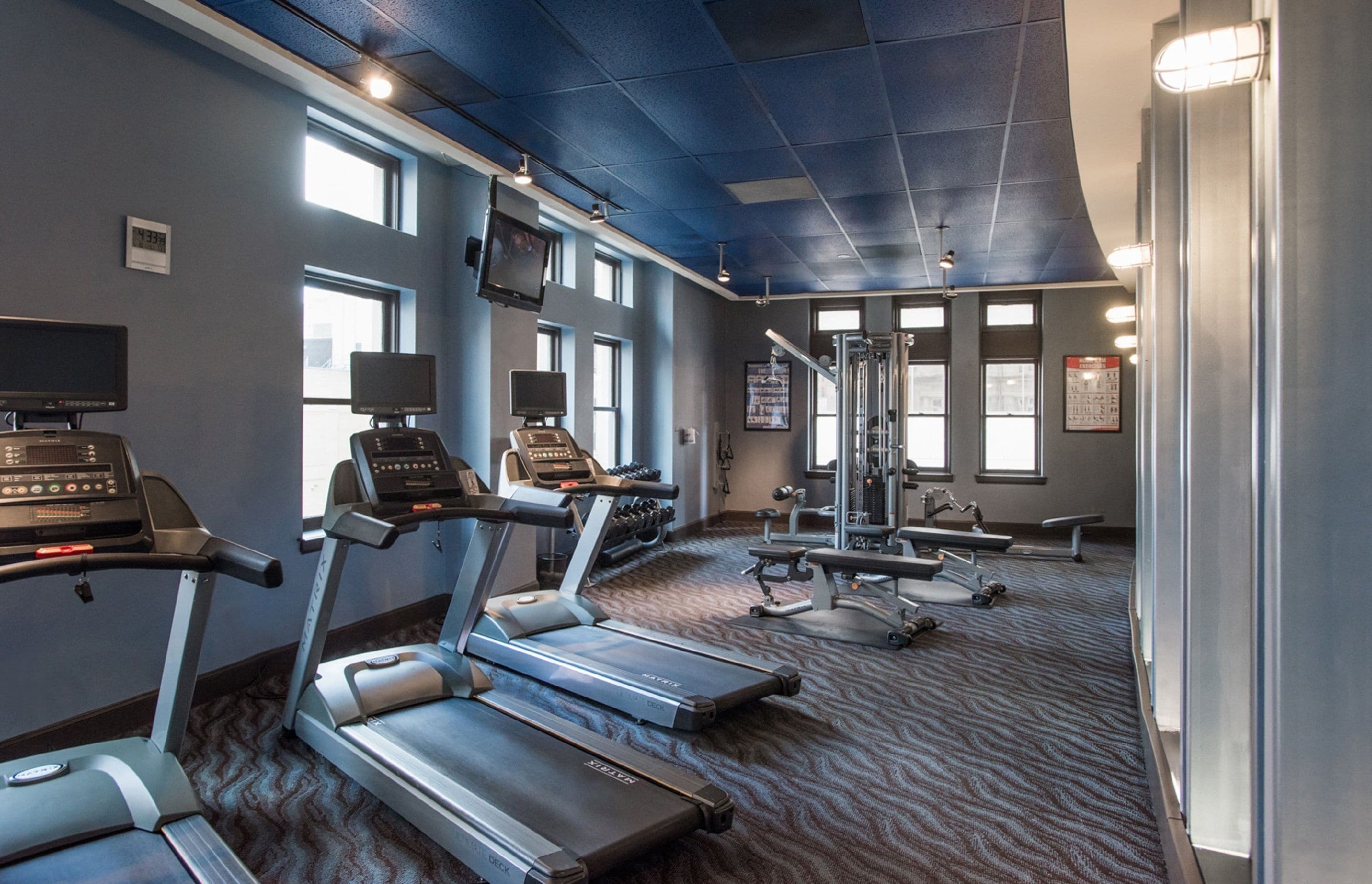 Ein Fitnessstudio mit Laufbändern, Kraftgeräten und einem Spiegel.