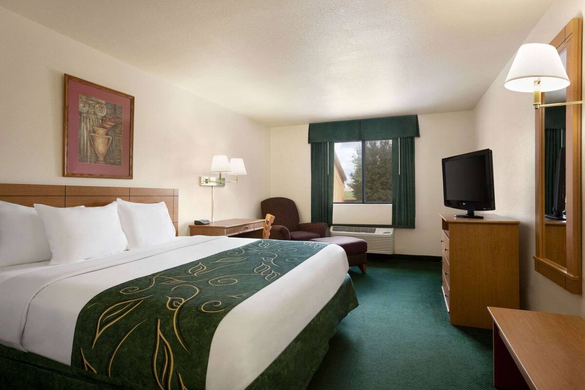 Una habitación de hotel con una cama grande, un escritorio, una silla, un televisor y una ventana con cortinas.