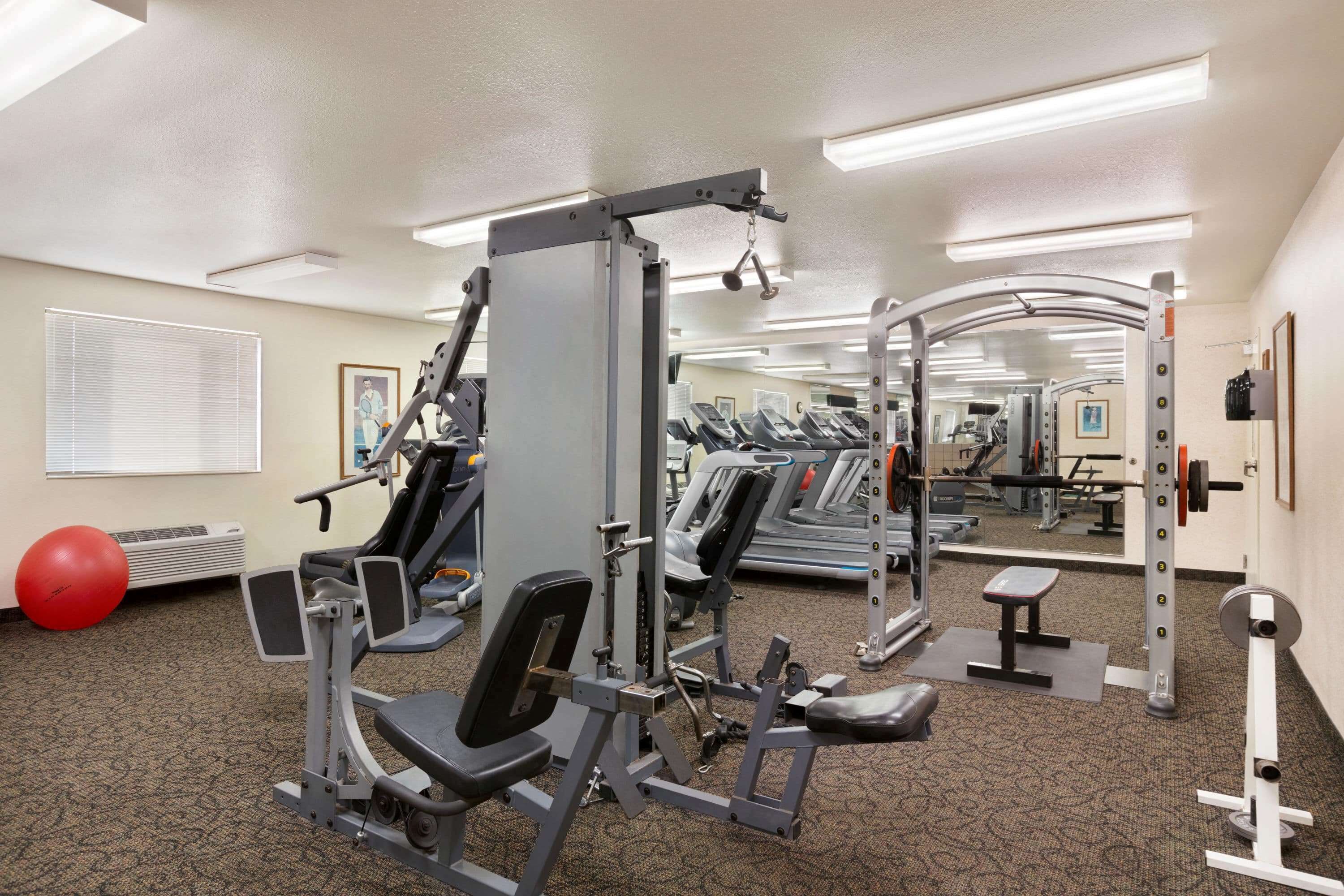 A gym with various exercise equipment, including weight machines and treadmills.
