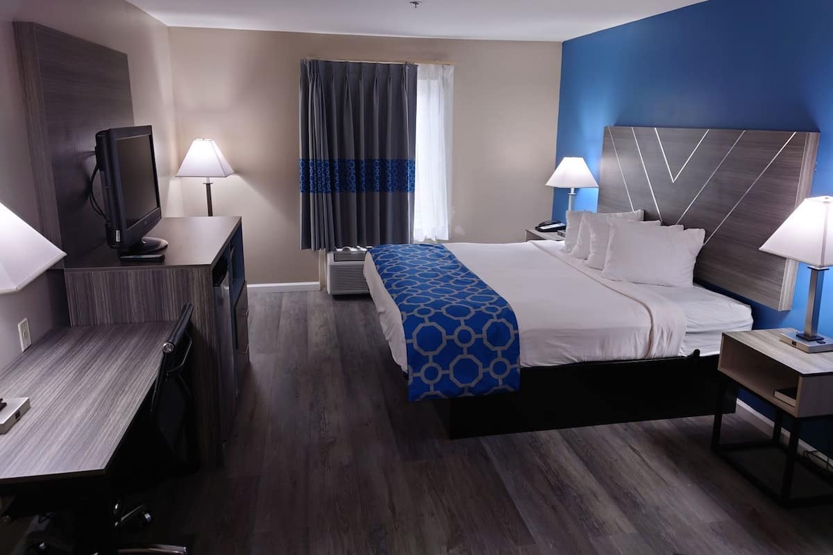Habitación de hotel con cama, escritorio, televisor y dos mesitas de noche con lámparas.