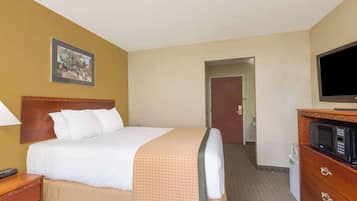 Una camera d'albergo con un letto, una televisione, un forno a microonde, un comò e un quadro appeso al muro.