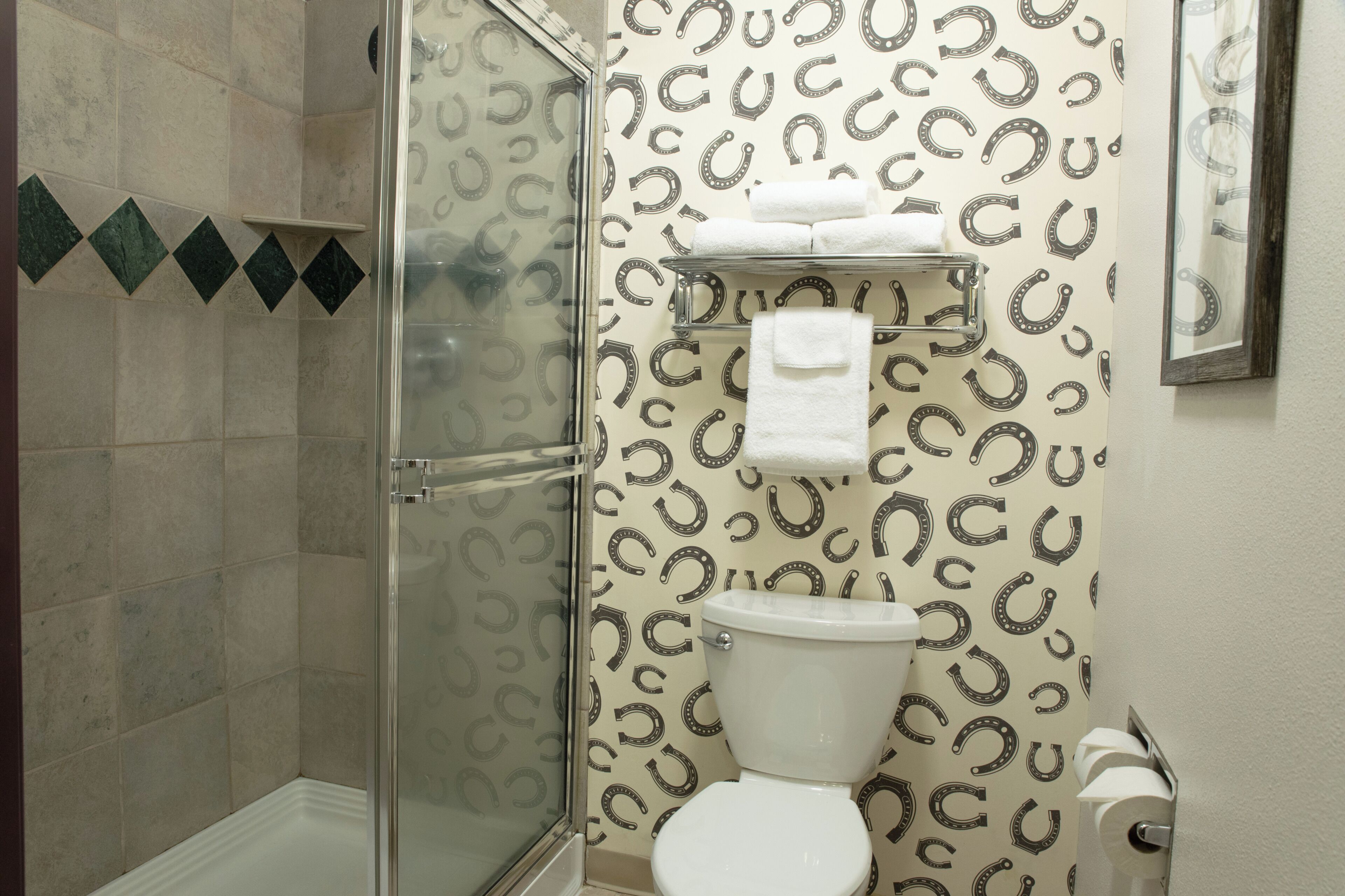 A bathroom with a toilet, a glass shower enclosure, and a towel rack.