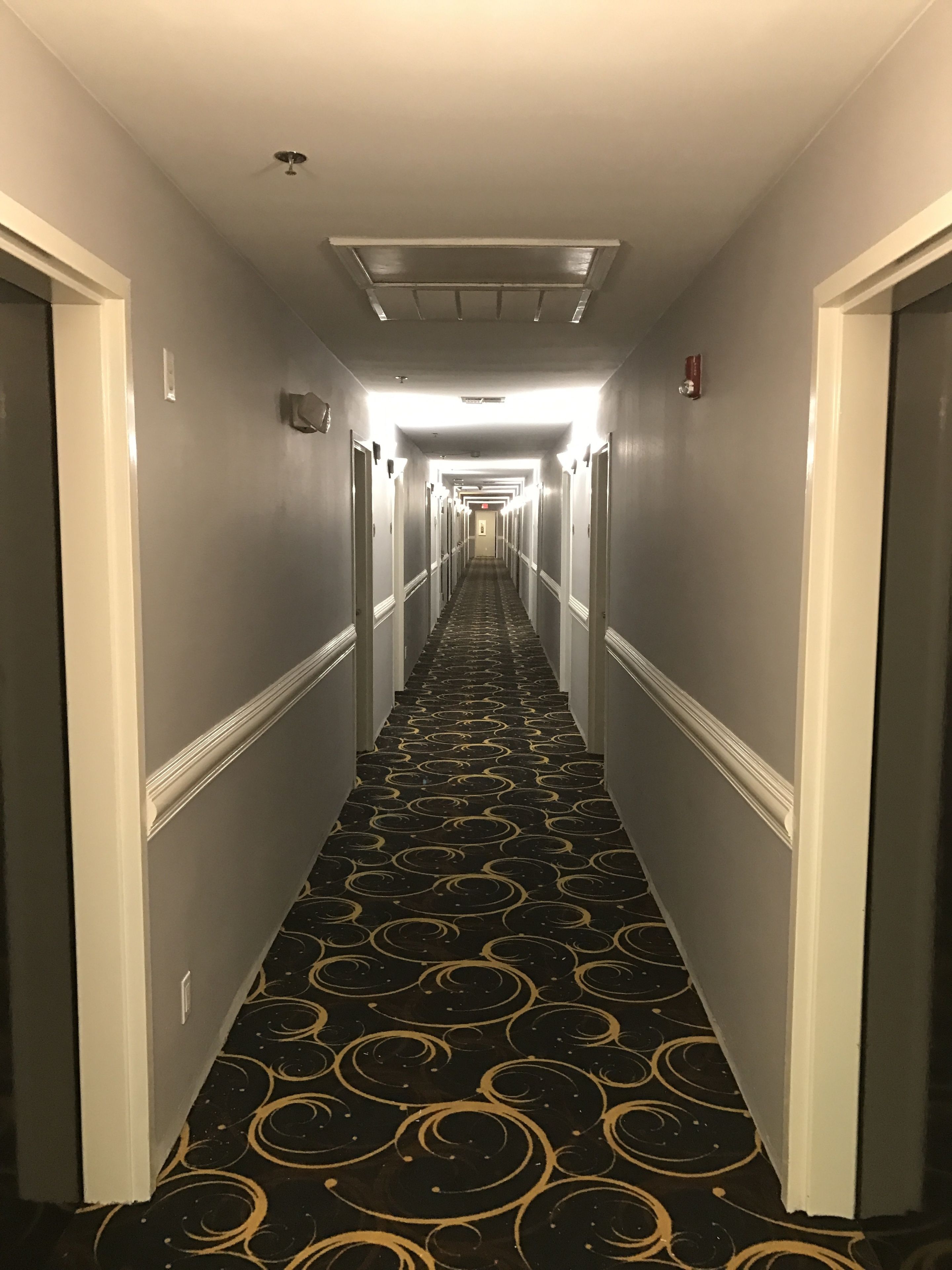 A hotel hallway with a patterned carpet, white walls, and doors on both sides.