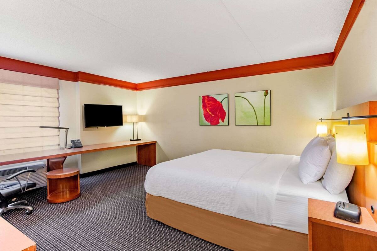 Habitación de hotel con cama, escritorio, silla, televisión, obras de arte y lámparas de noche.