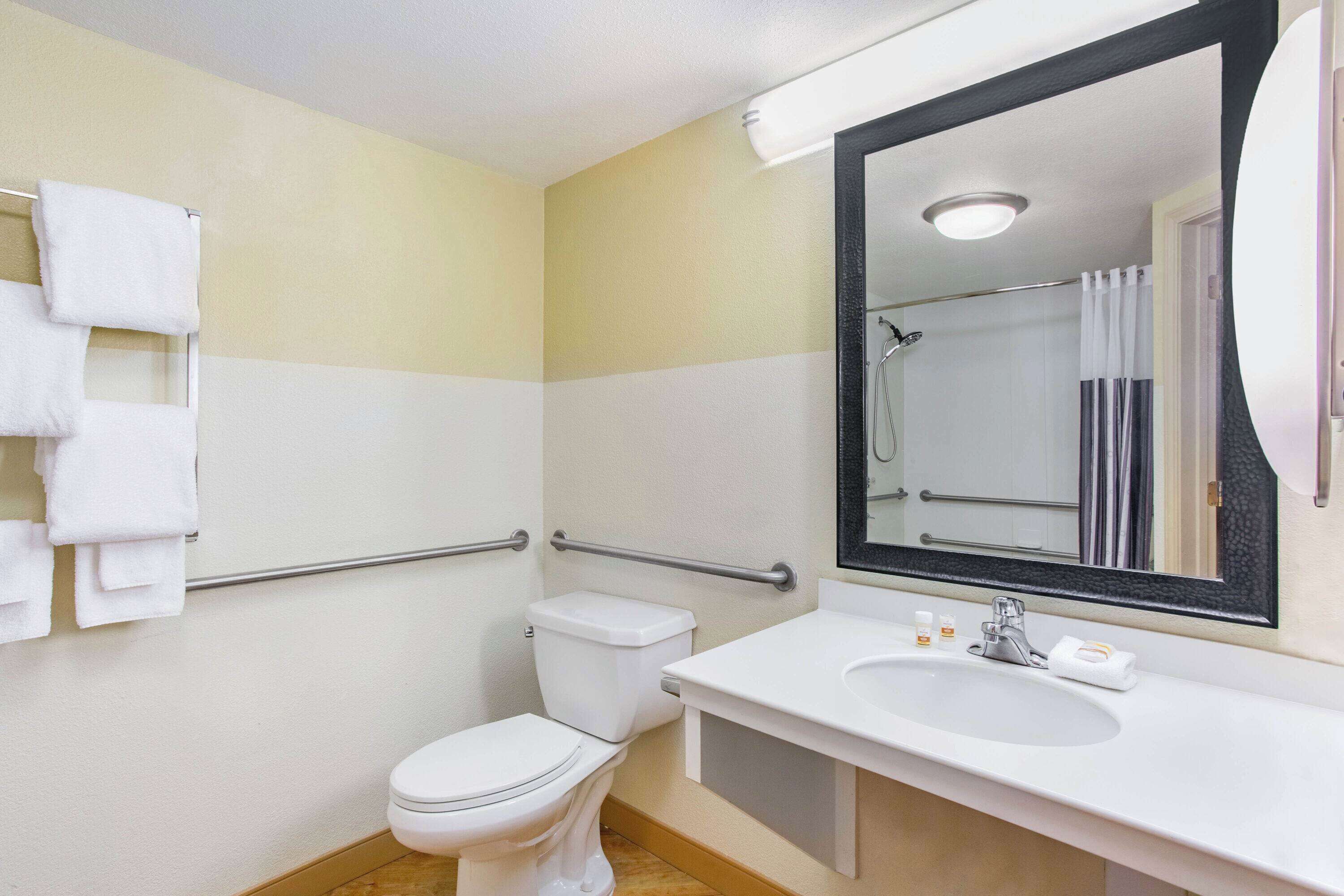 Un baño con inodoro, lavamanos y espejo.