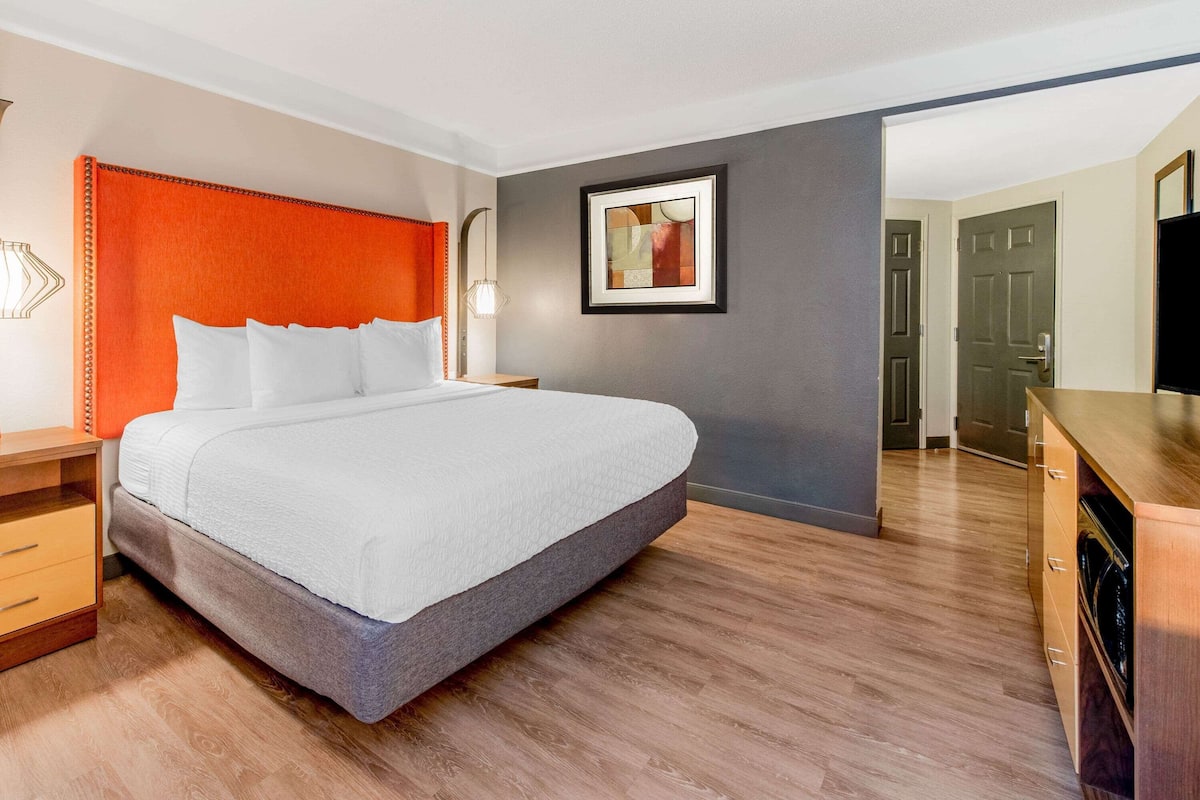 A modern hotel room with a large bed, wooden flooring, a red accent wall, and a framed artwork above the bed.