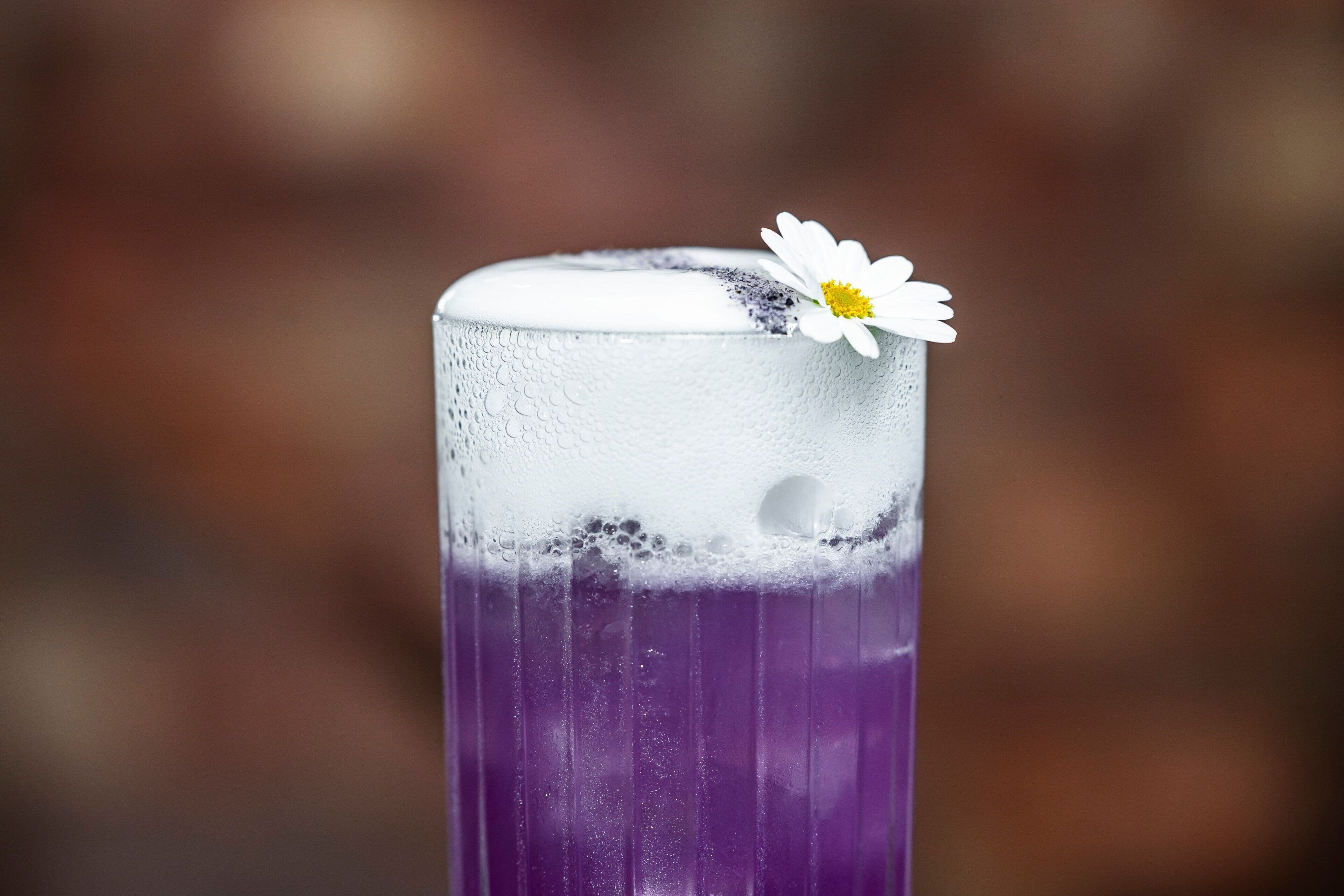 A clear glass with a purple liquid, ice, and a white flower on top.