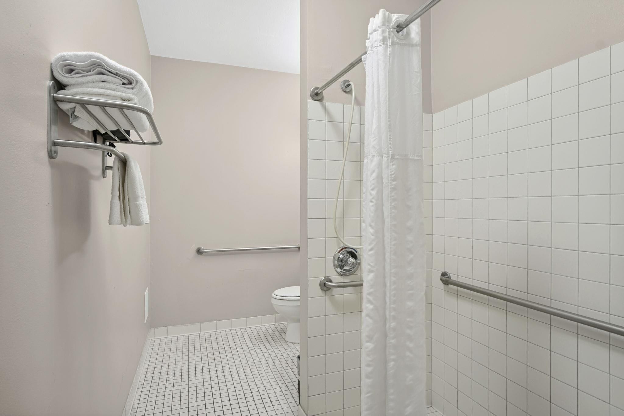 A modern bathroom with a shower, toilet, and towel rack.