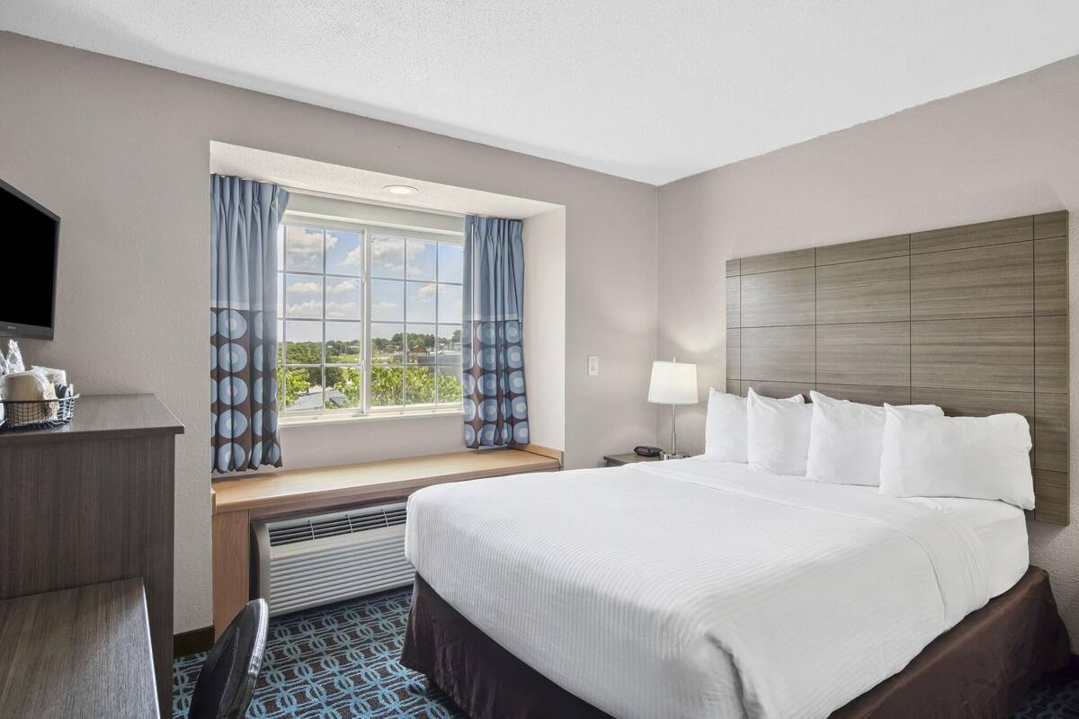 A hotel room with a large bed, a desk, a chair, a TV, a window with curtains, and a view of the outdoors.