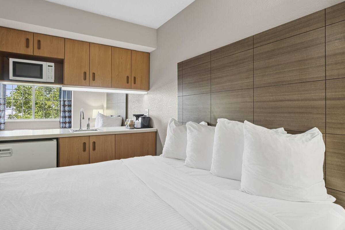 A modern hotel room with a large bed, wooden cabinets, a microwave, and a view of greenery outside.