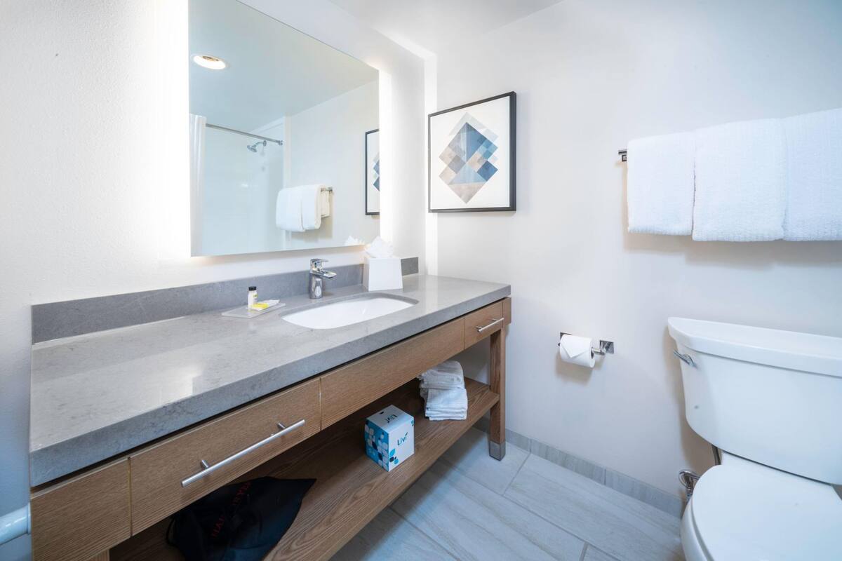 Un baño moderno con un espejo grande, dos lavamanos, un inodoro y un perchero para toallas.