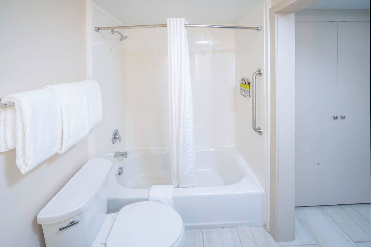 Une salle de bain moderne équipée d’une baignoire, de toilettes et d’un espace douche.