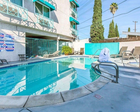 Una piscina al aire libre, sombrillas, sillones reclinables de piscina