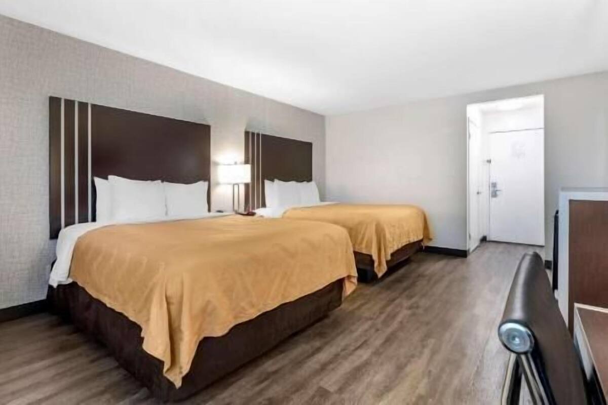A hotel room with two beds, a bedside table, a lamp, and a door.