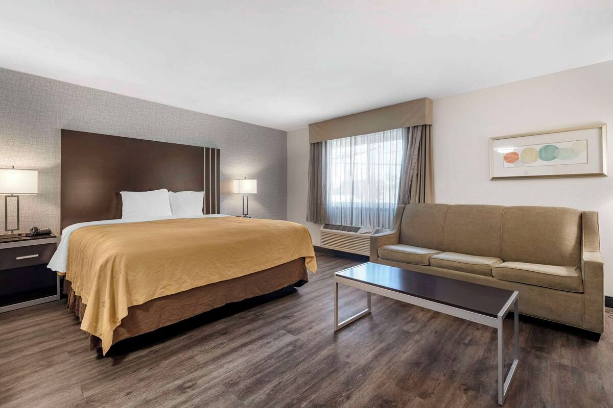 A hotel room with a bed, a sofa, a coffee table, a desk with a lamp, a window with curtains, and a wall-mounted artwork.