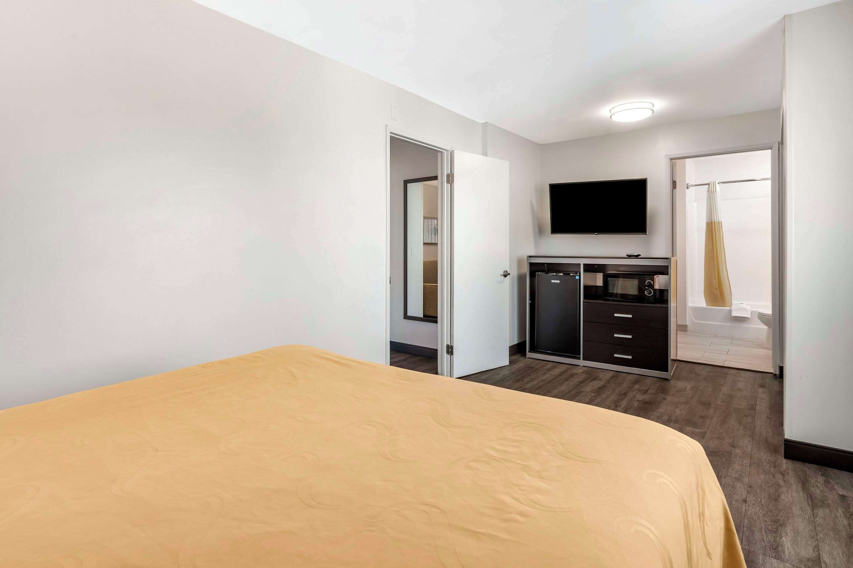 Una habitación de hotel con cama, televisor, armario y baño con ducha.