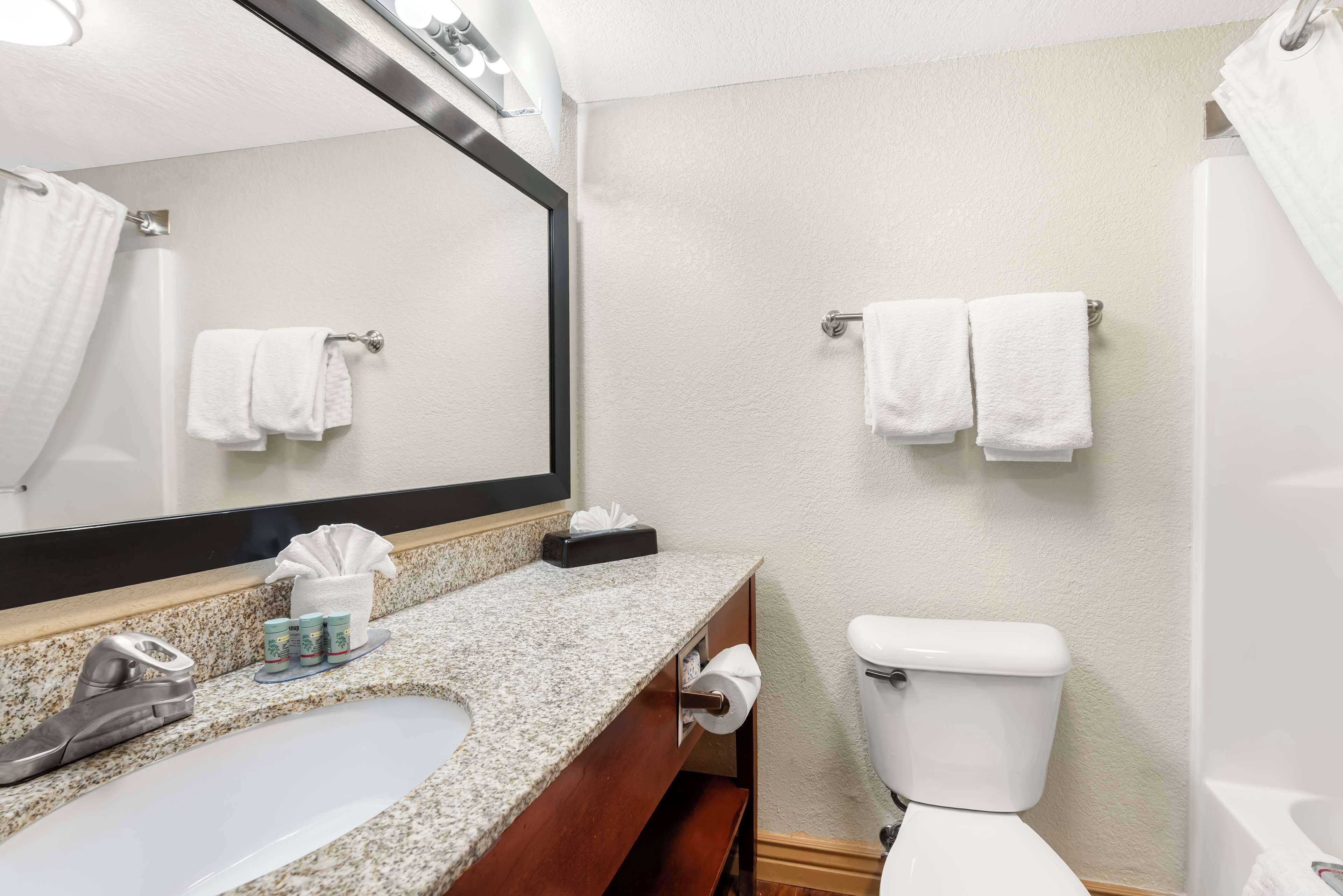 A bathroom with a sink, mirror, toilet, and towel rack.