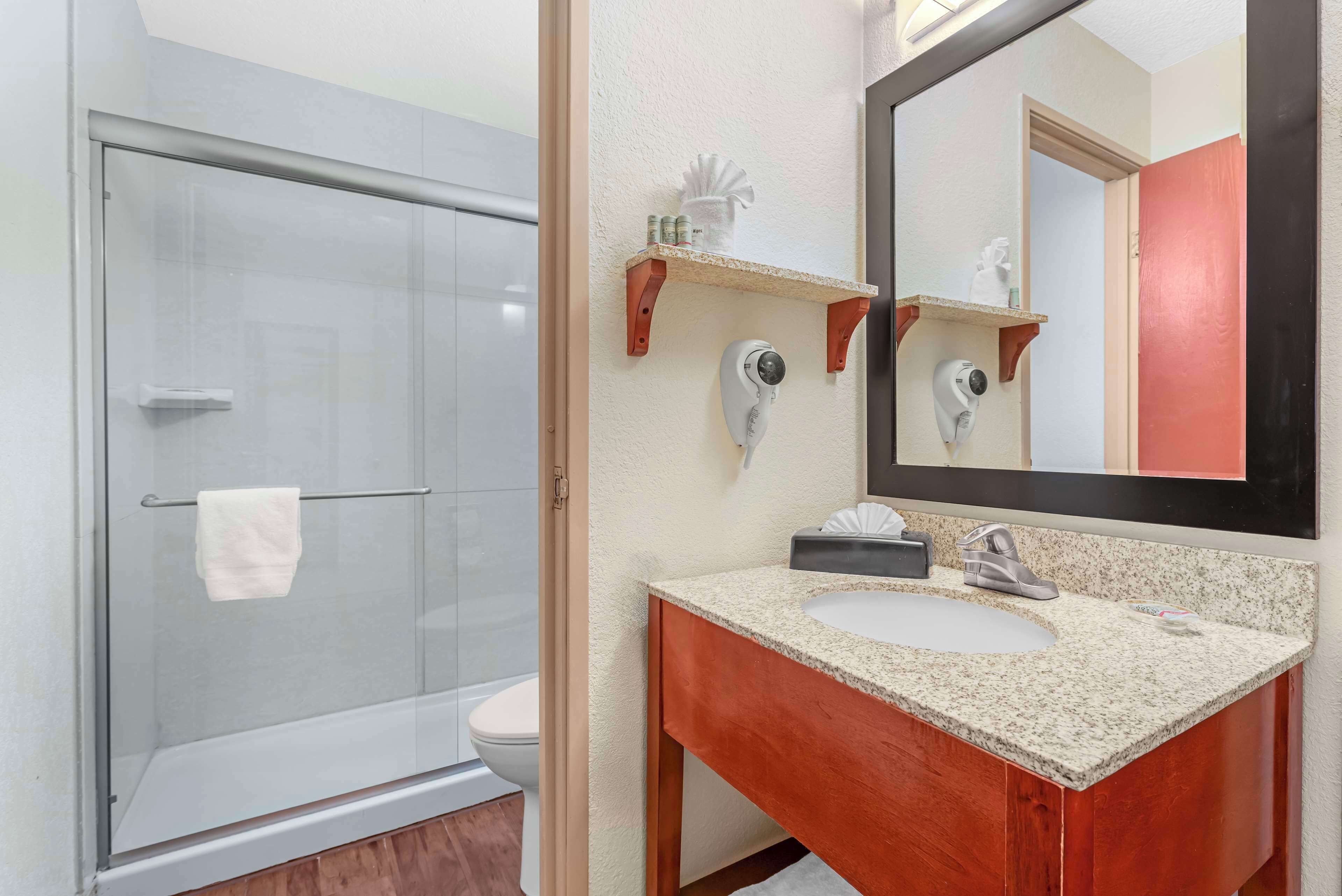 A bathroom with a glass shower enclosure, a white toilet, a wooden vanity with a granite countertop, and a large mirror.