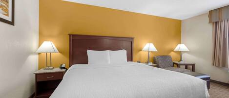 Una habitación de hotel con una cama grande, dos mesitas de noche con lámparas, una silla y una pequeña mesa.