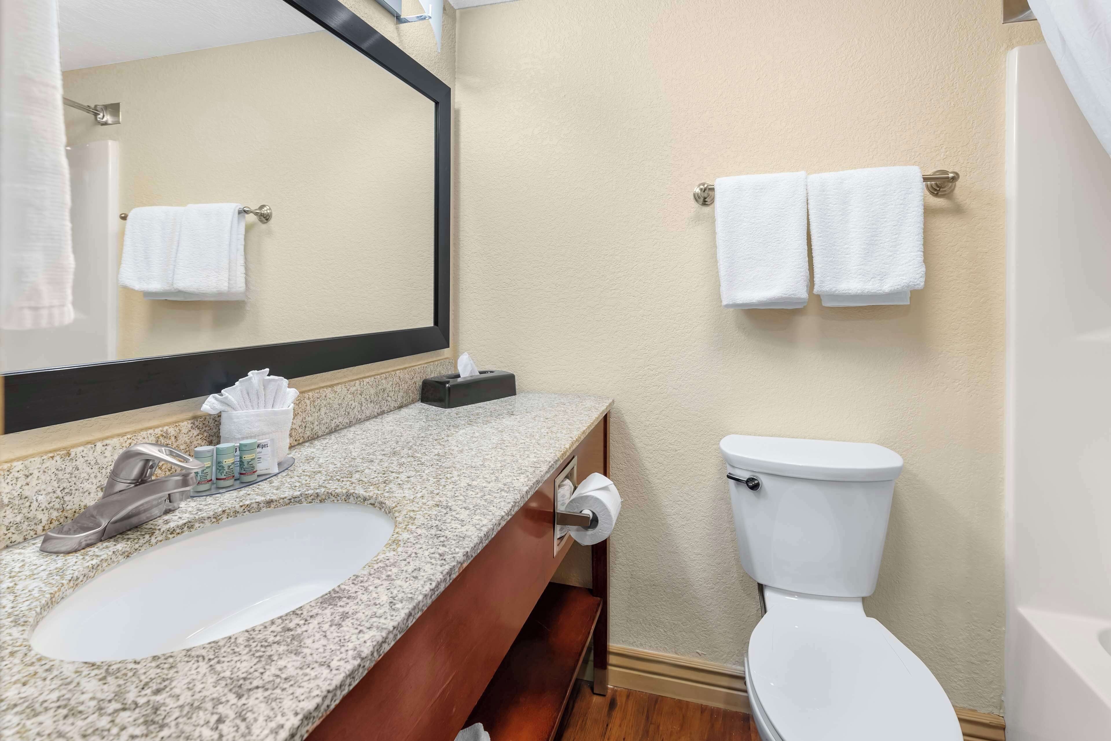 A bathroom with a granite countertop sink, a mirror, a toilet, and two towels hanging on a towel rack.