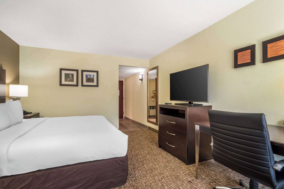 A hotel room with a bed, a desk with a television, and a chair. There are two framed pictures on the wall.