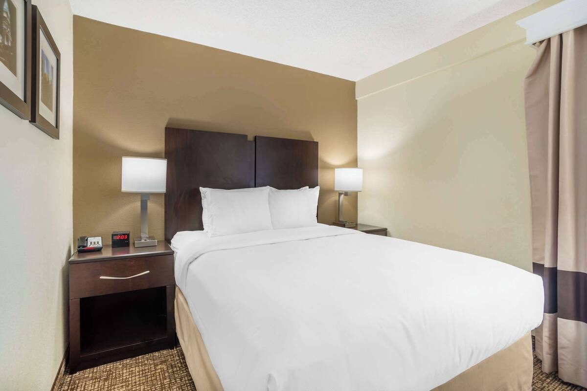 A hotel room with a large bed, two bedside lamps, a nightstand with a clock, and a headboard.