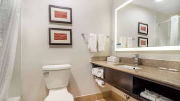 A bathroom with a toilet, sink, and mirror. There are towels hanging on a rack and two framed pictures on the wall.