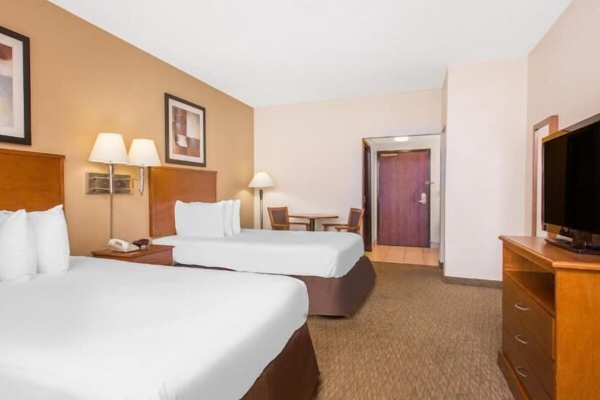 Una habitación de hotel con dos camas, un escritorio, una silla, un televisor y una puerta.