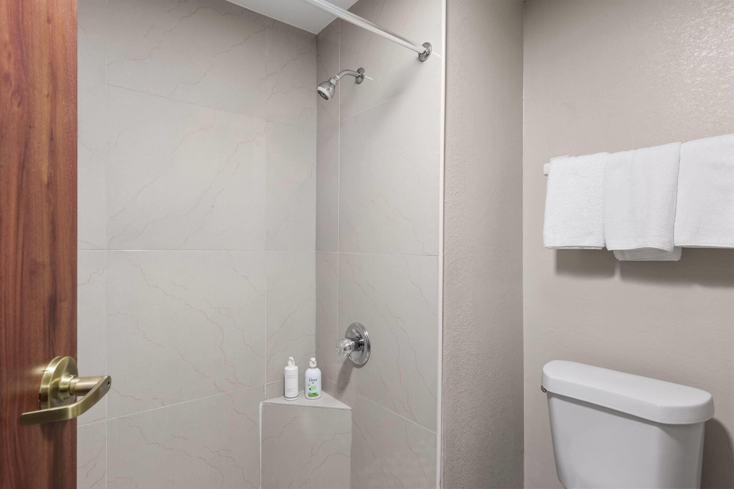 Combined shower/bathtub, free toiletries, hair dryer, towels