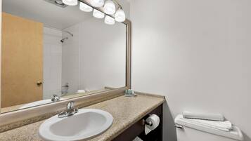 Une salle de bain avec un lavabo blanc, un grand miroir et une douche.
