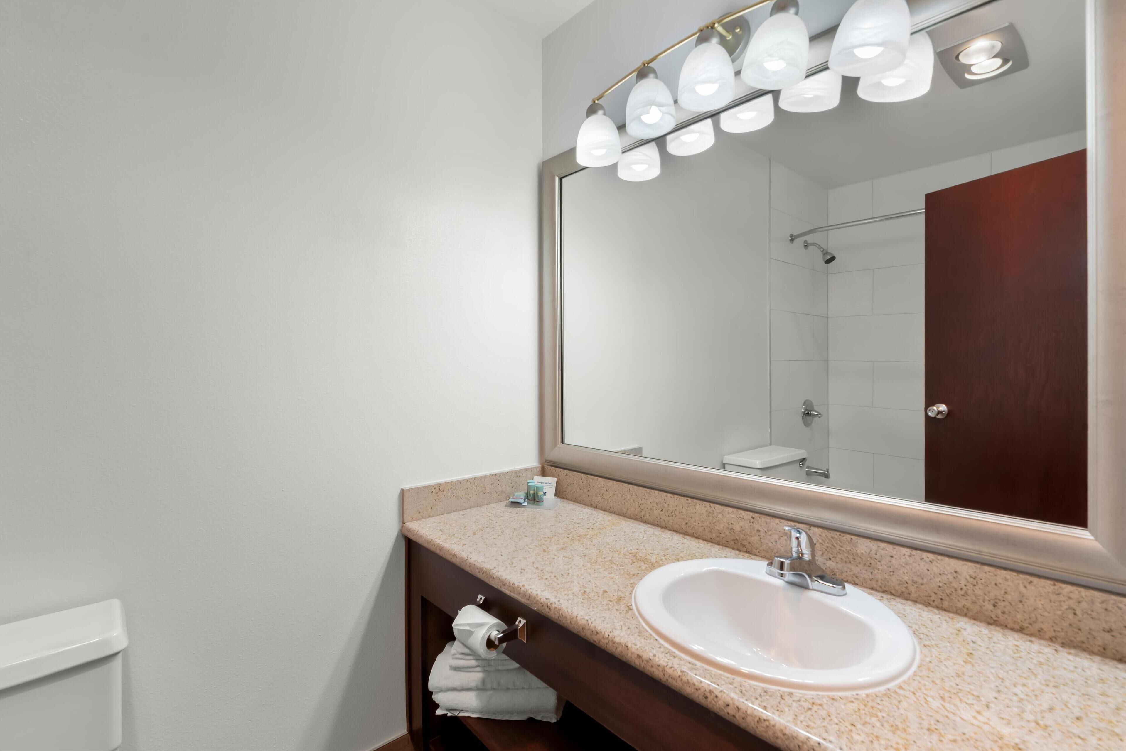 standard room, 1 king bed, non smoking, refrigerator & microwave | bathroom | combined shower/bathtub, free toiletries, hair dryer, towels