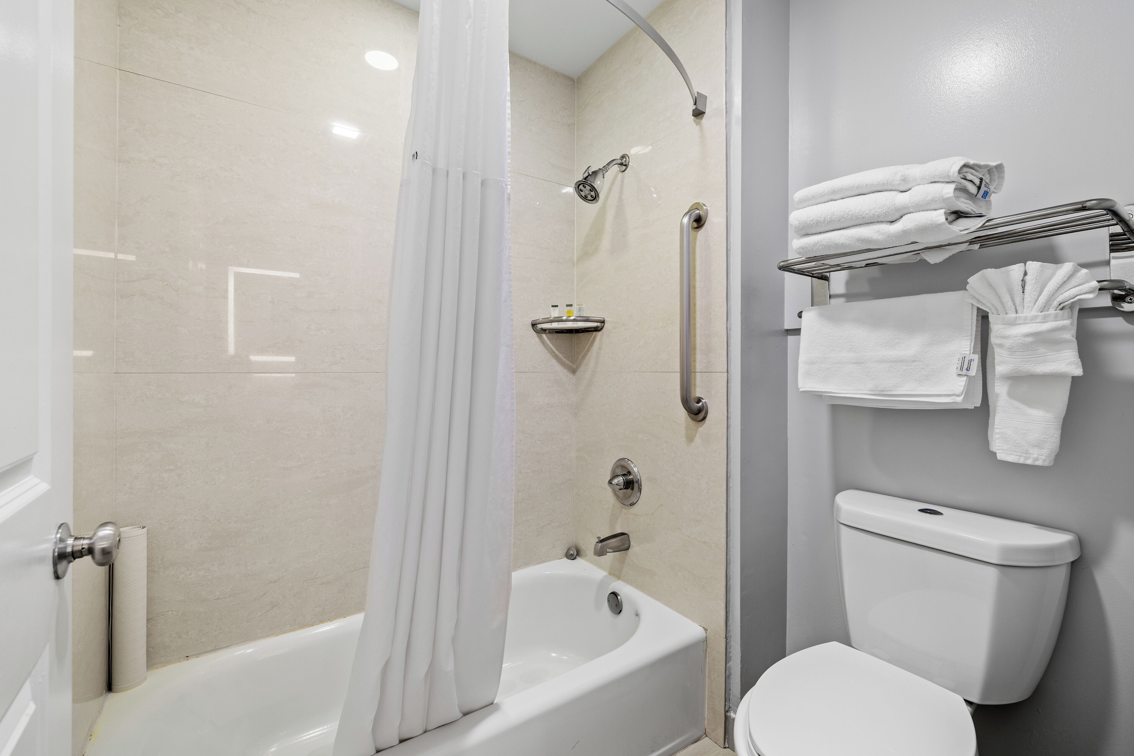 A modern bathroom with a bathtub, shower, and toilet.