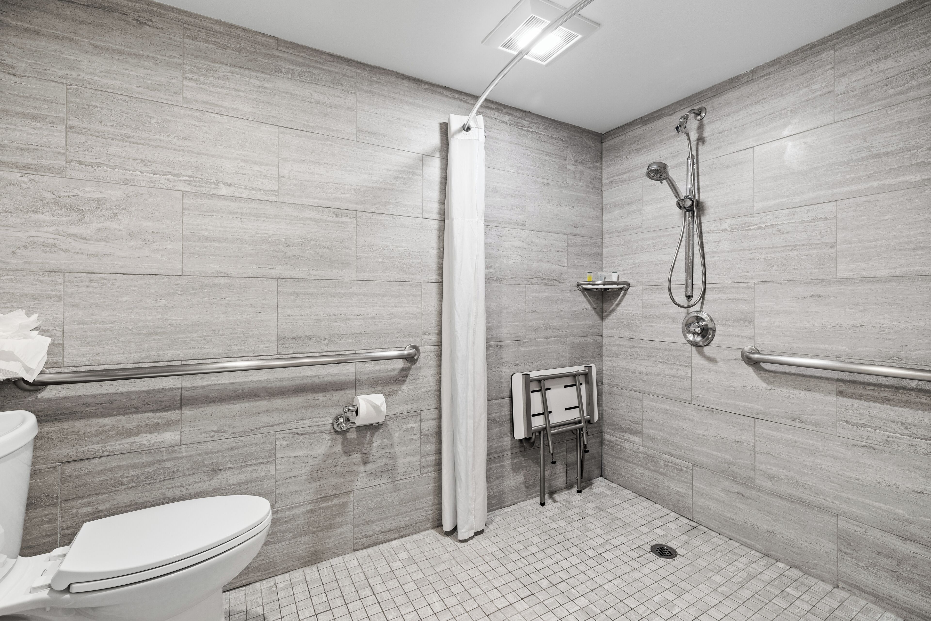 A modern bathroom with a toilet, a shower with a handheld showerhead, and grab bars.