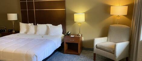 A hotel room with a large bed, a nightstand with a lamp, and a chair.