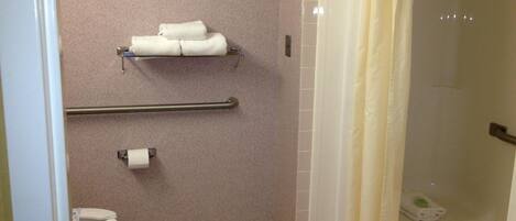 A bathroom with a toilet, a towel rack with towels, a handrail, and a shower area.