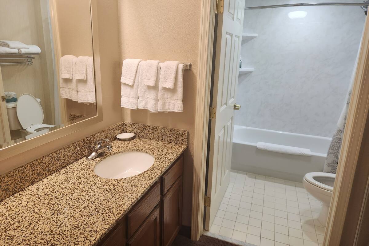 A bathroom with a granite countertop sink, a mirror, a toilet, and a shower area.