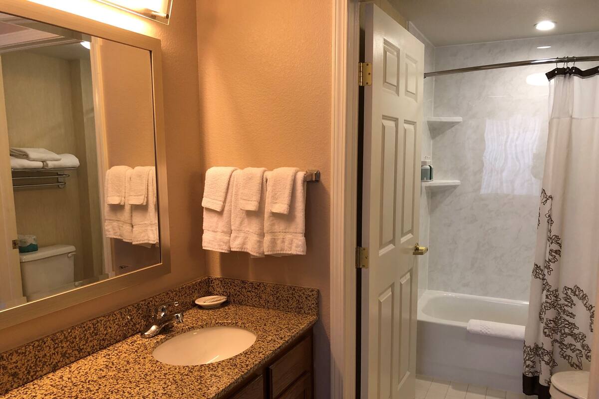 A bathroom with a granite countertop sink, a mirror, and a shower with a curtain.