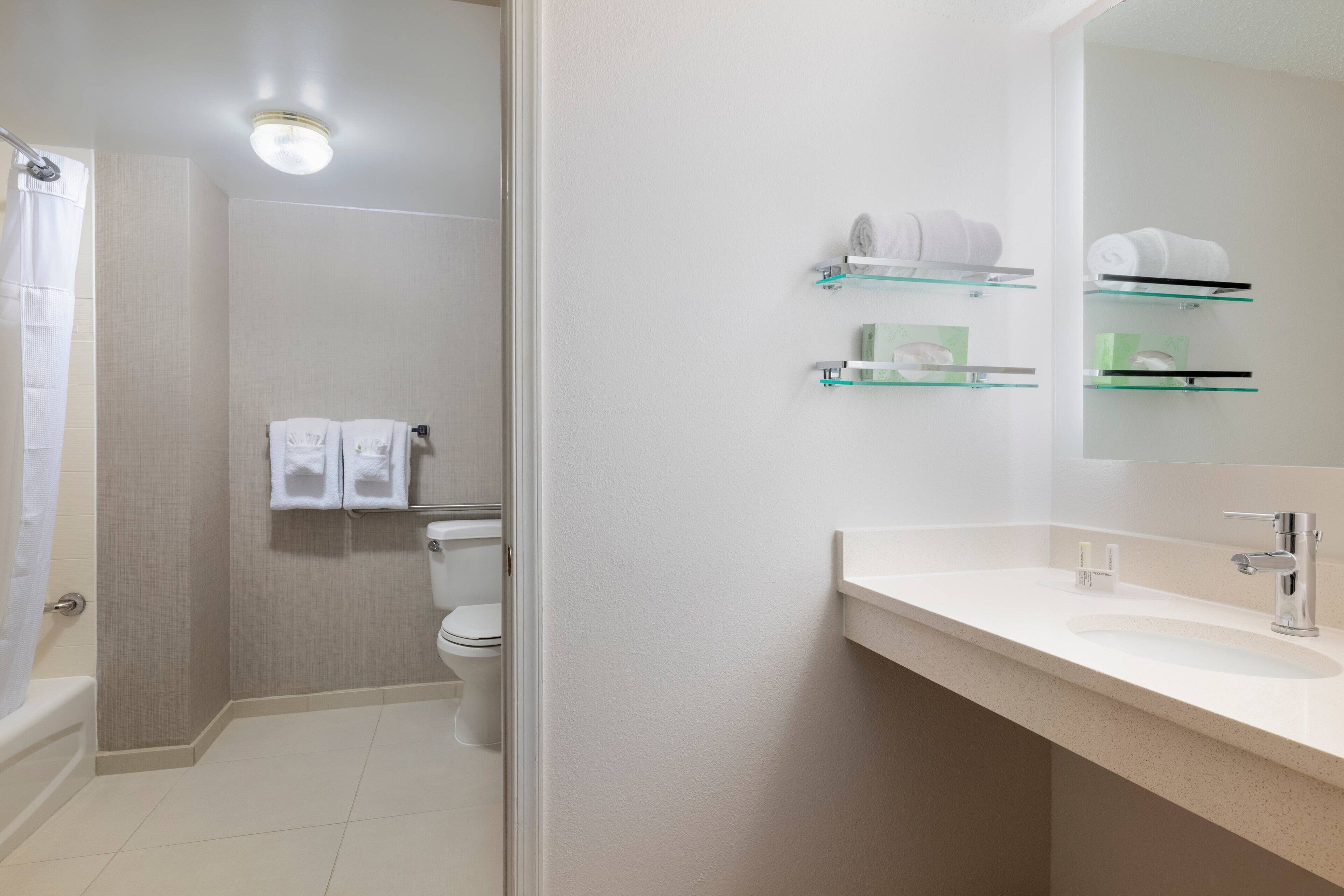 combined shower/bathtub, free toiletries, hair dryer, towels