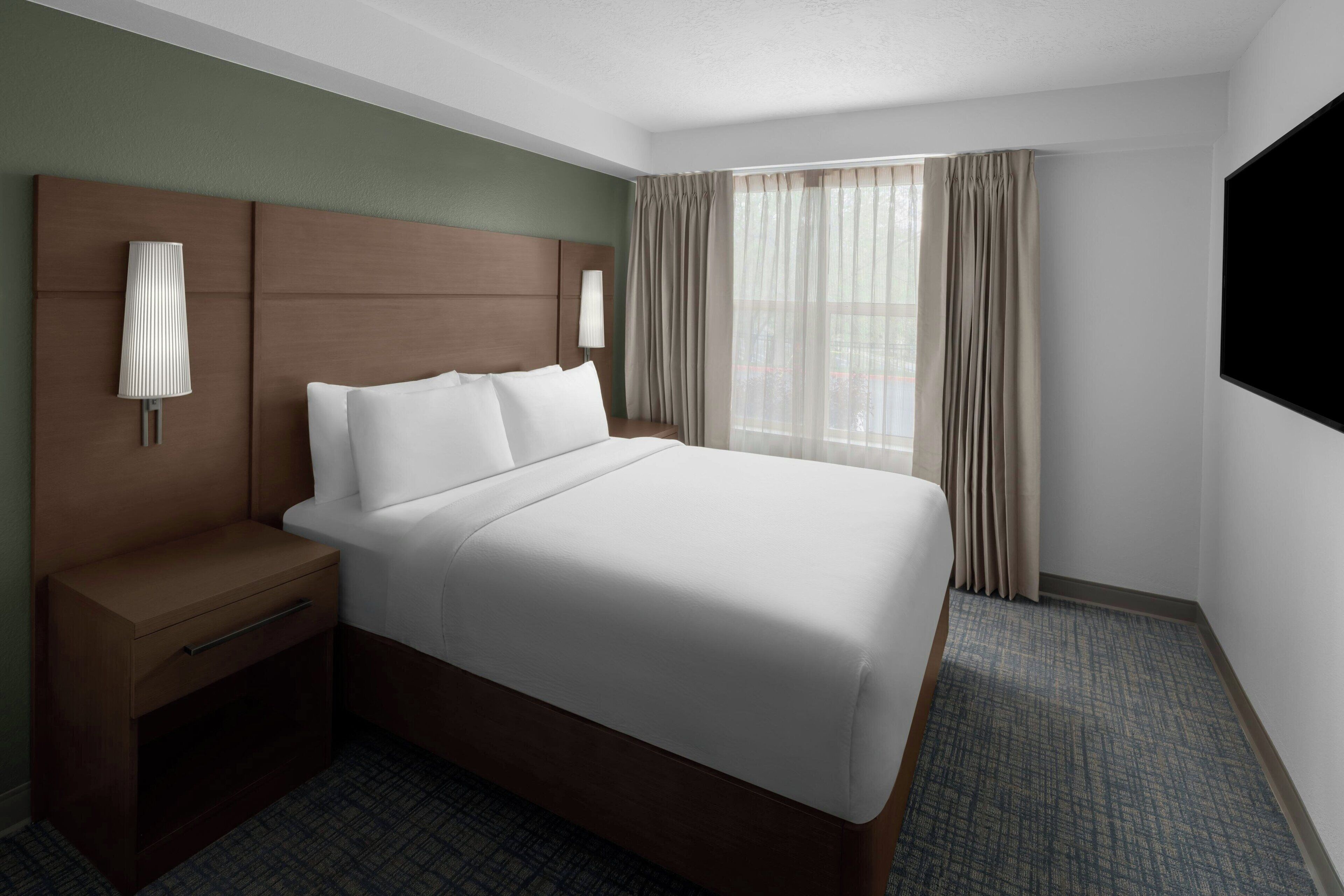 2 bedrooms, desk, blackout curtains, iron/ironing board