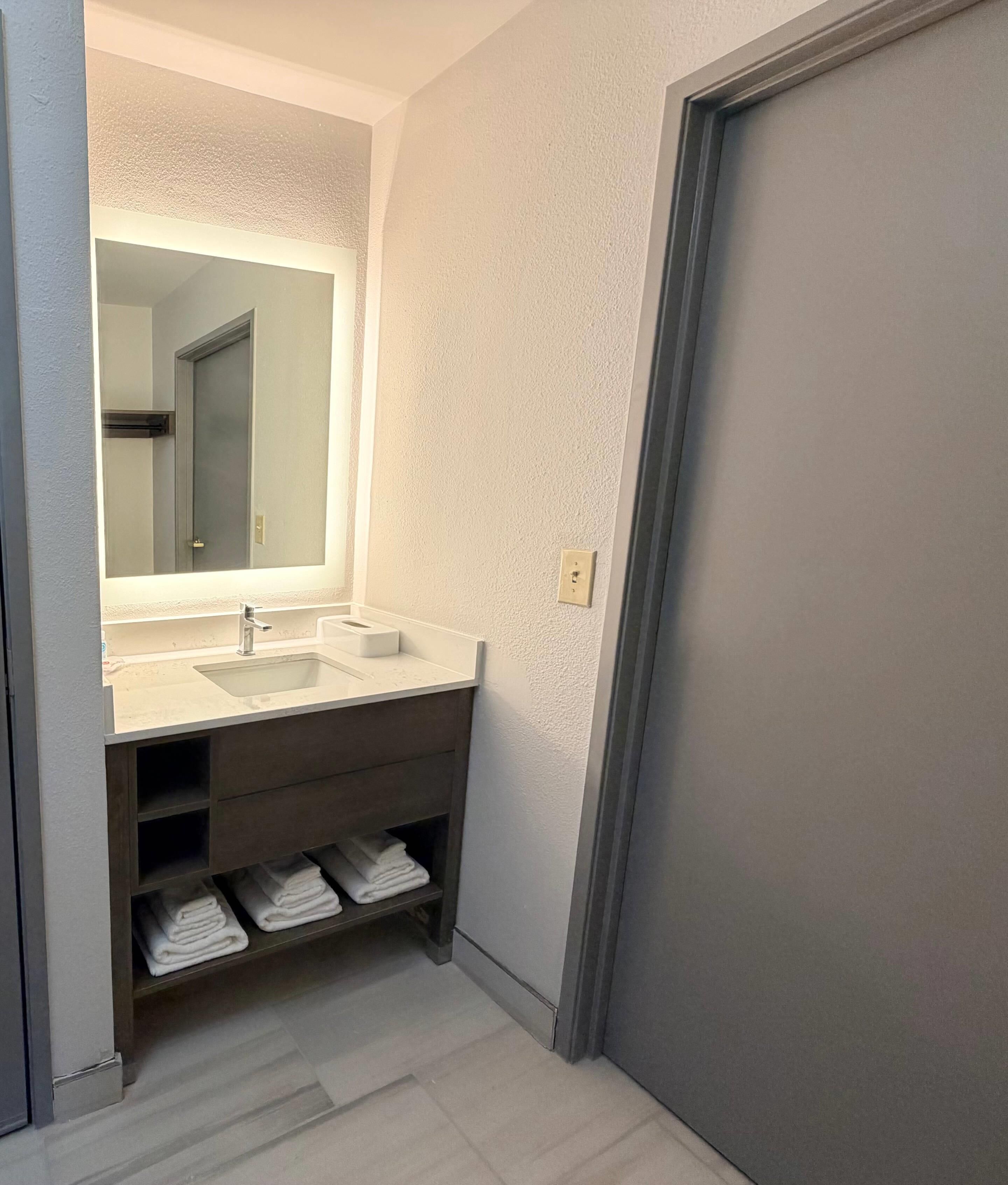 A bathroom with a double sink, a large mirror, and a towel rack.