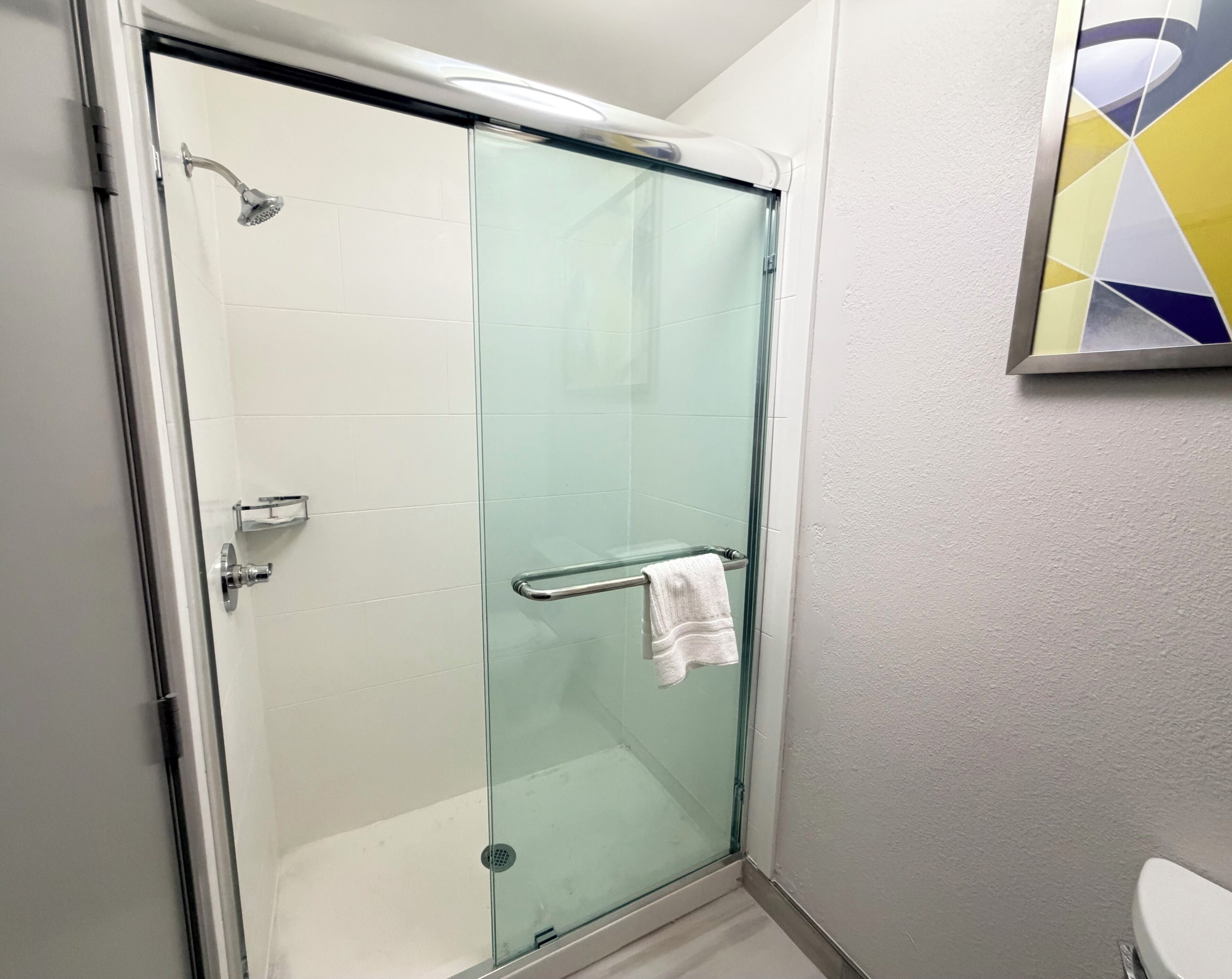A glass-enclosed shower stall with a towel rack, a toilet, and a wall-mounted abstract art piece.