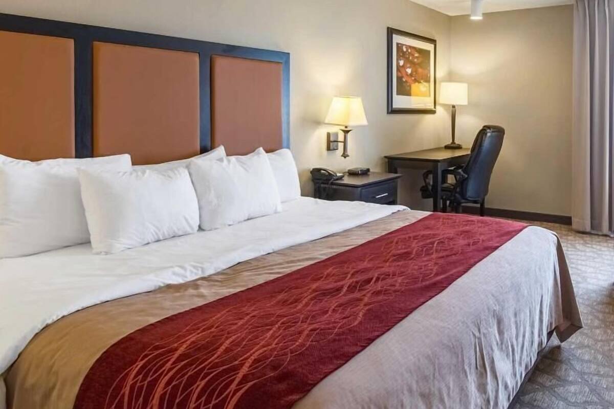 A hotel room with a large bed, a desk with a lamp, a chair, and a framed picture on the wall.