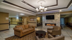 Un hall con sofá, sillones, chimenea, televisor y una alfombra estampada.