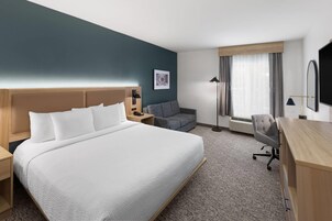 Habitación de hotel con una cama grande, un escritorio, una silla, un sofá, un televisor y una ventana con cortinas.