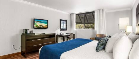 A hotel room with a bed, a desk, a chair, a TV, and a window with curtains.