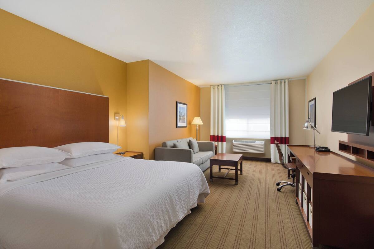 A hotel room with a large bed, a sofa, a desk, a TV, and a window with curtains.