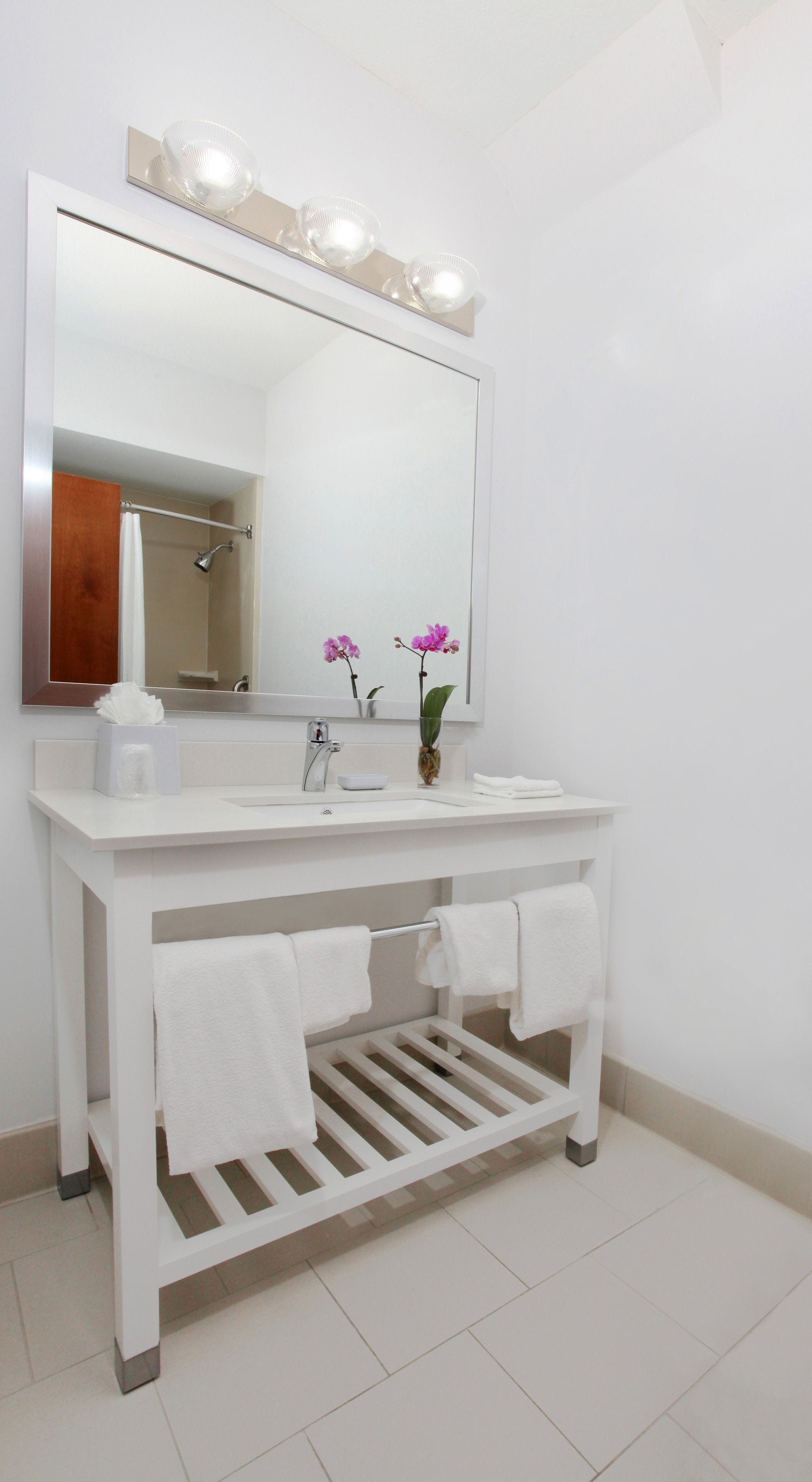 combined shower/bathtub, free toiletries, hair dryer, towels