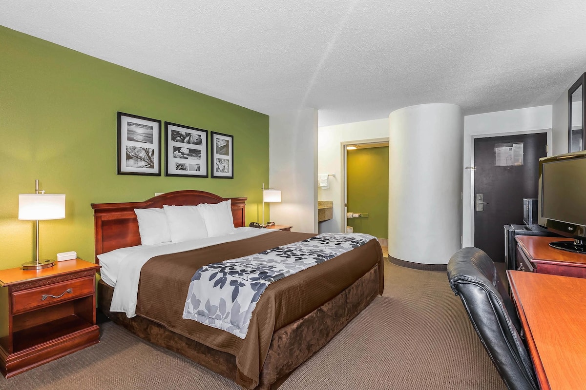Quarto de hotel com cama, mesas de cabeceira, escrivaninha com cadeira, televisão e quadros na parede.